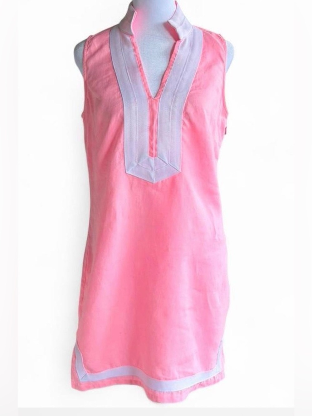 Sail to Sable Pink Sleeveless V-Neck Tunic Dress with White Trim 100% Linen